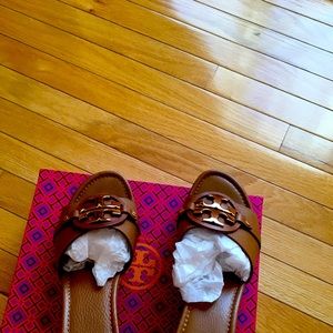 Tory Burch,brown leather wedge platform slides.